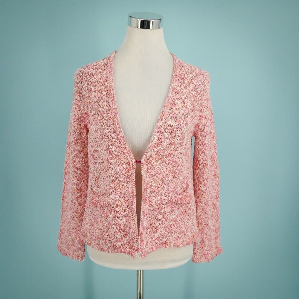 J. Crew Size Medium M Pink Tweed Frayed Hem Long Sleeve Cotton Blend Cardigan